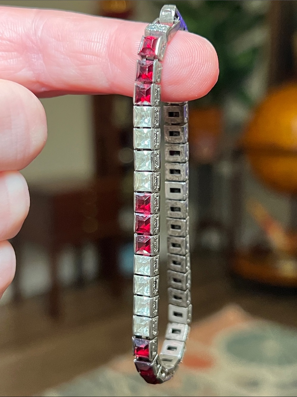 Antique Art Deco Ruby & Clear Paste Channel Set Sterling Silver Tennis Bracelet